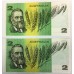 AUSTRALIA 1985 . TWO 2 DOLLAR BANKNOTES . JOHNSTON/FRASER . CONSECUTIVE FOUR